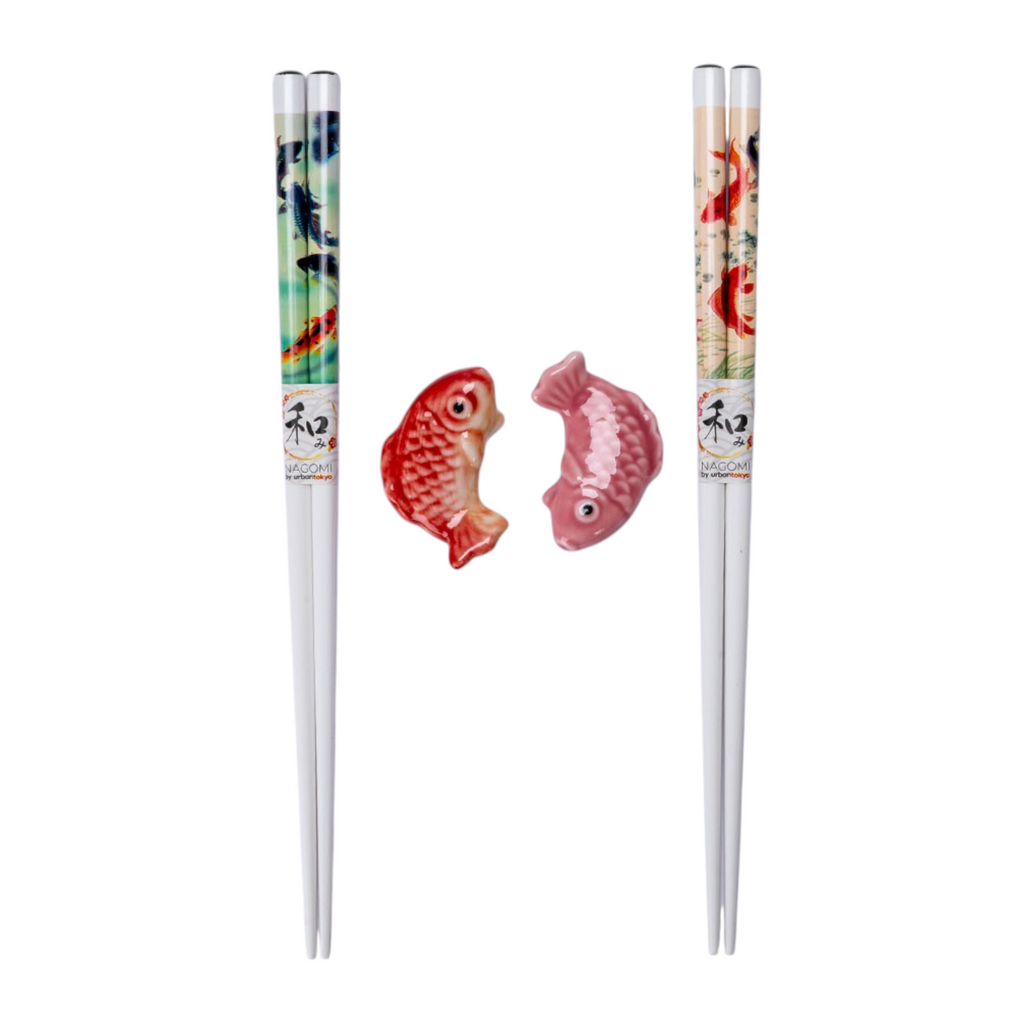 Japanese Koi Fish Bamboo Chopsticks & Ceramic Rest Gift Set