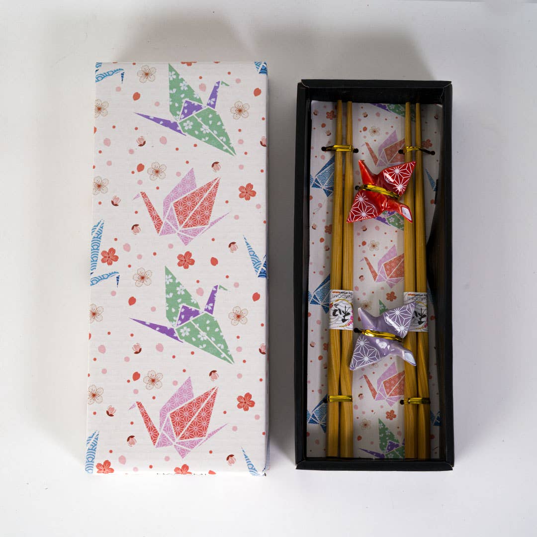 Asanoha Origami Crane Bamboo Chopsticks & Ceramic Rest Gift Set