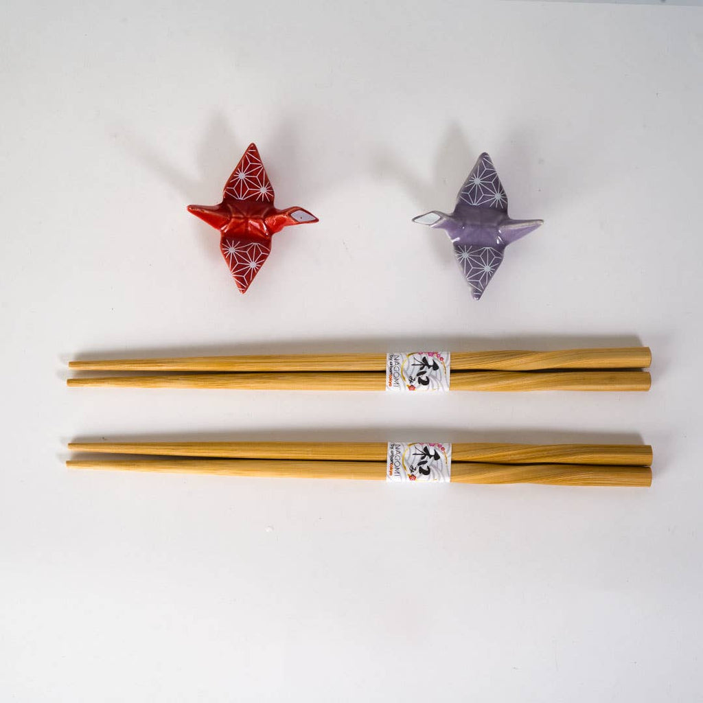 Asanoha Origami Crane Bamboo Chopsticks & Ceramic Rest Gift Set