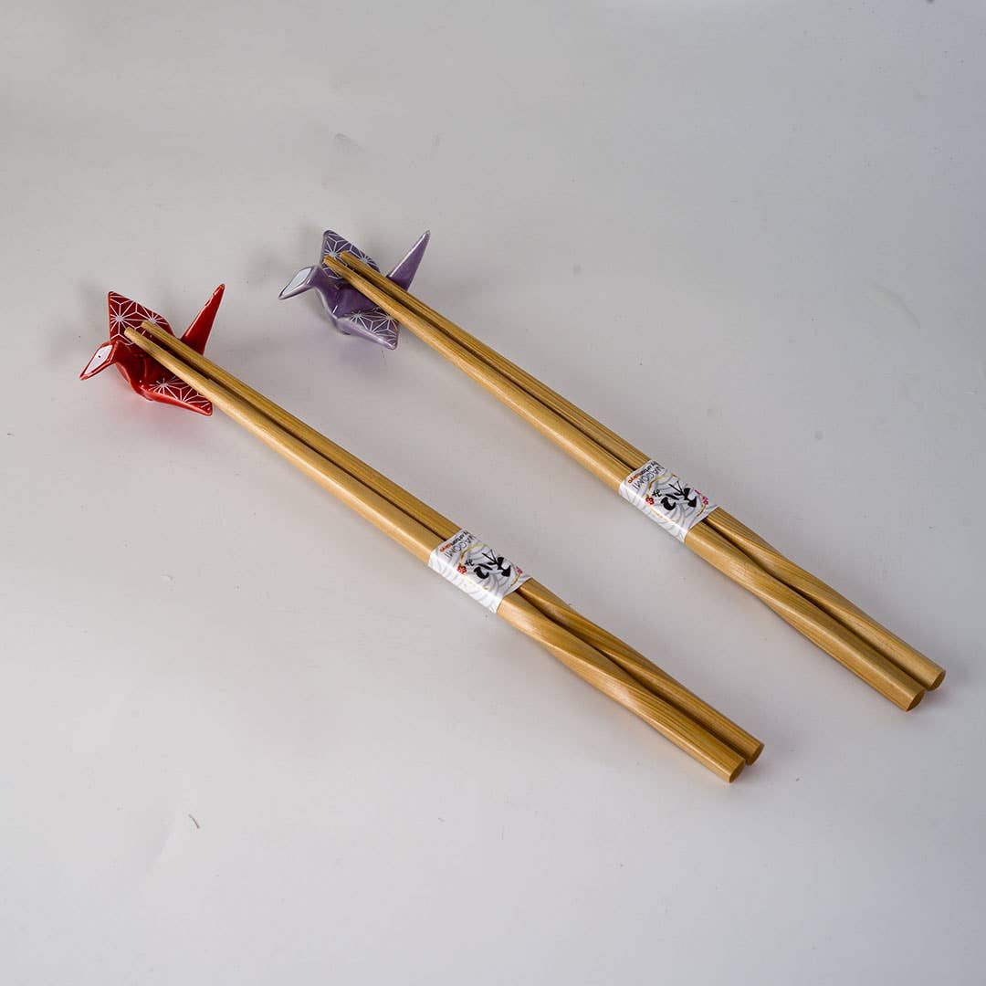Asanoha Origami Crane Bamboo Chopsticks & Ceramic Rest Gift Set