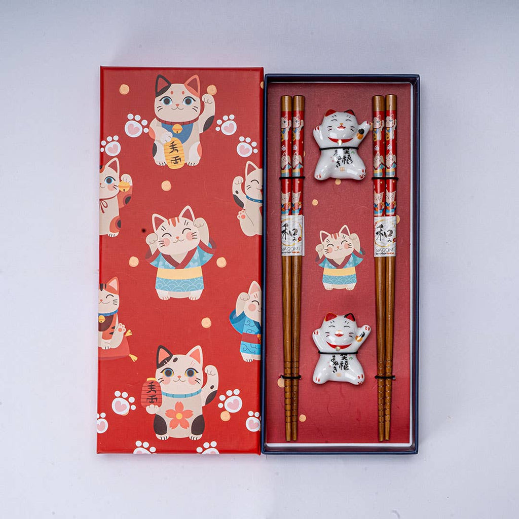 Lucky Cat Neko Bamboo Chopsticks & Ceramic Rest Gift Set