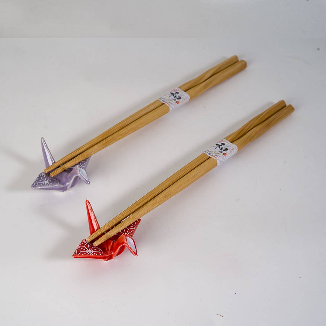 Asanoha Origami Crane Bamboo Chopsticks & Ceramic Rest Gift Set