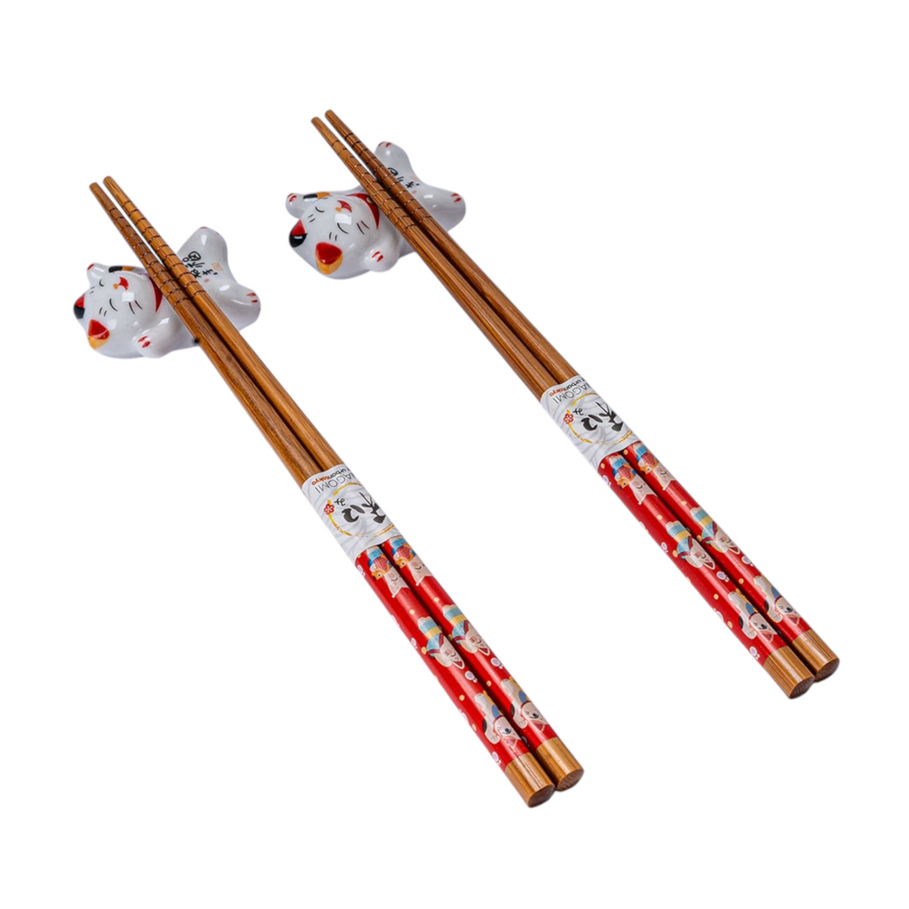 Lucky Cat Neko Bamboo Chopsticks & Ceramic Rest Gift Set