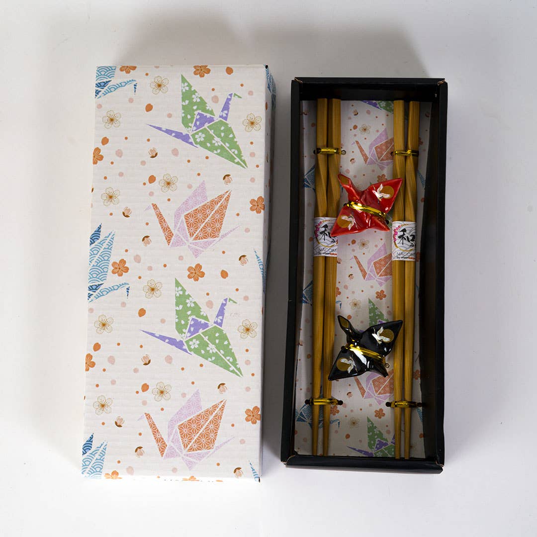 Crane Moon Origami Crane Bamboo Chopsticks & Ceramic Rest Gift Set