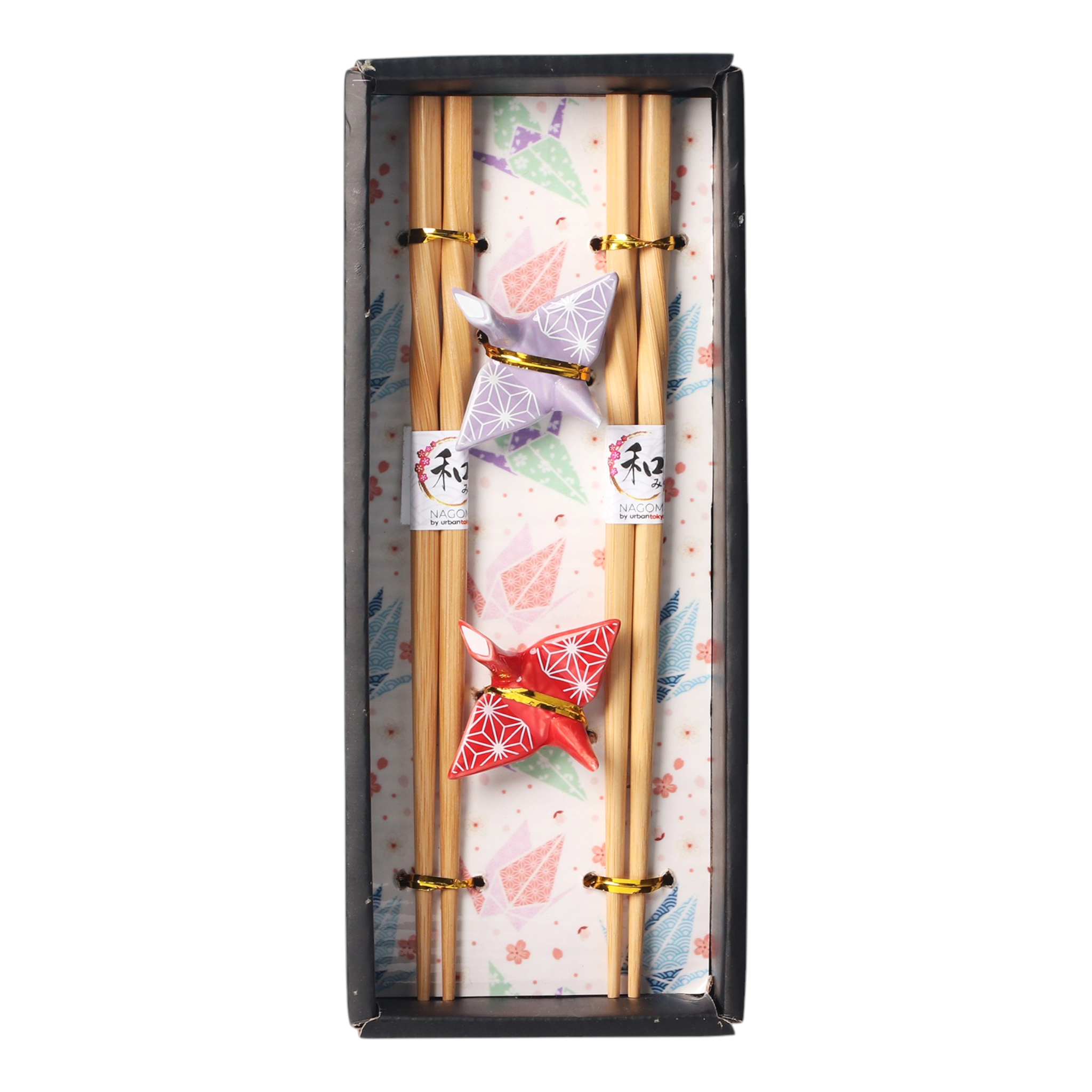 Asanoha Origami Crane Bamboo Chopsticks & Ceramic Rest Gift Set