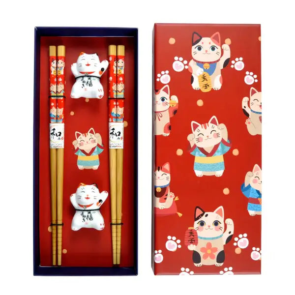 Lucky Cat Neko Bamboo Chopsticks & Ceramic Rest Gift Set