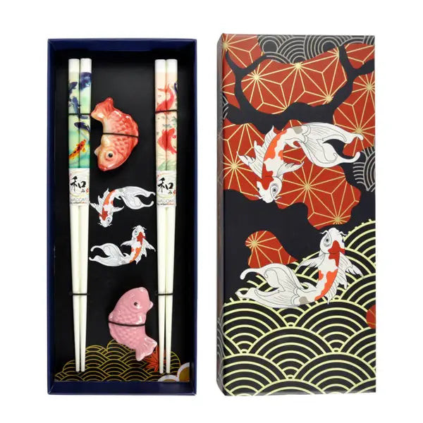 Japanese Koi Fish Bamboo Chopsticks & Ceramic Rest Gift Set